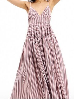 Rosetta Getty Gathered Peplum Camisole Dress Burgundy Red & Tan Stripe Size M